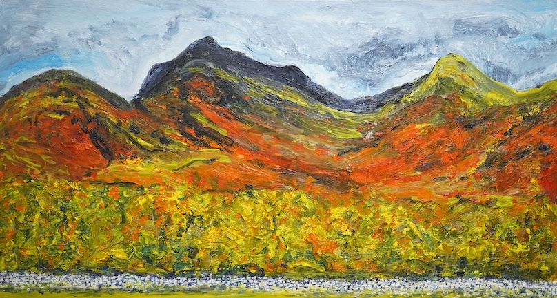 Impasto oil on canvas, Abstract landscape, hills and wall, indistinctly signed and dated 2018 verso, 53 x 99cm, unframed. Condition - good